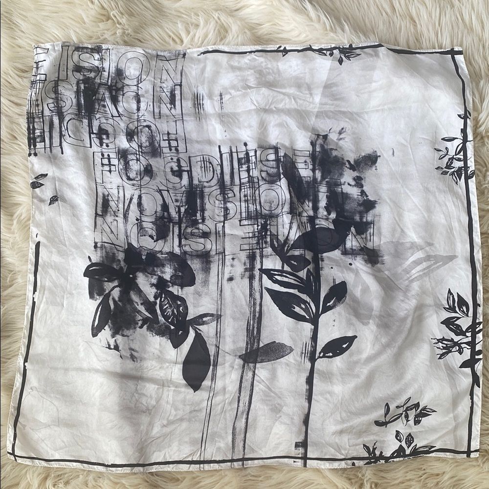 Diesel Black & White Floral Lettering Logo Print Silk Scarf 35 x 35 Y2K Street